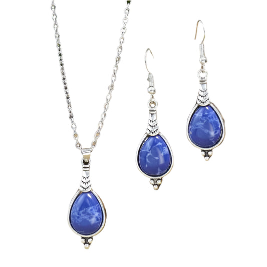 A set of teardrop-shaped lapis stone imitation earrings and necklace with antique silver finish.