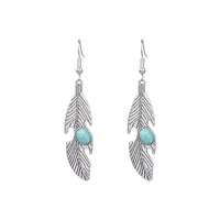 A pair of silver alloy dangle earrings with feather design and turquoise bead inlay.