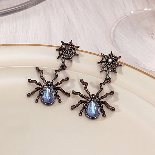 Spider Dangle Charm Earrings Black Enamel Web Crystal Accents