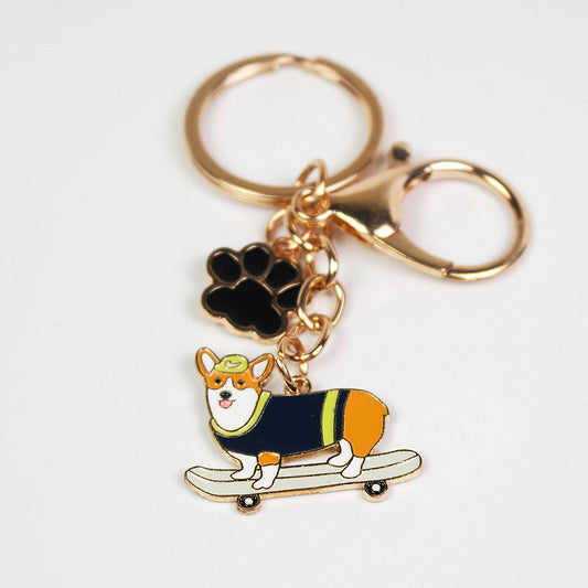 Skateboarding Corgi Enamel Charm Keychain Gold Lobster Claw