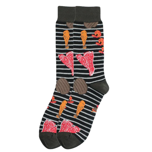 Pair of Socks Showing Steaks, Burgers, and Shrimp on a grill. 