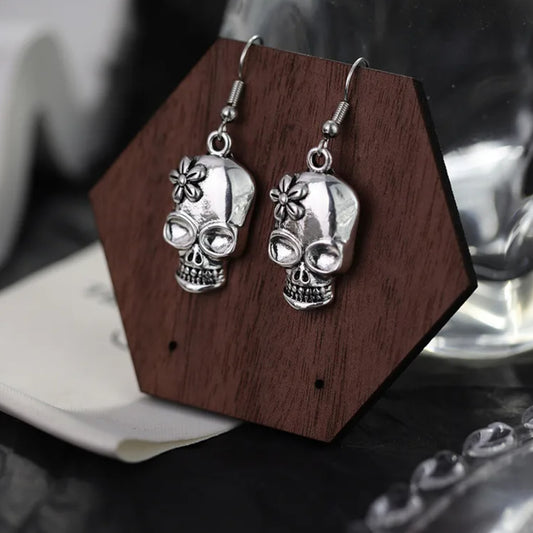 Antique Silver Tone Sugar Skull Dangle Earrings