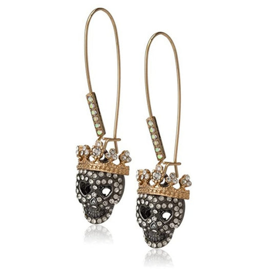 Crystal Crown Sugar Skull Dangle Earrings Black and Antique Bronze