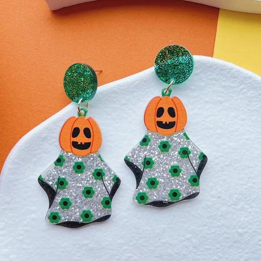 Happy Pumpkin Head Ghost Green Silver Glitter Acrylic Earrings