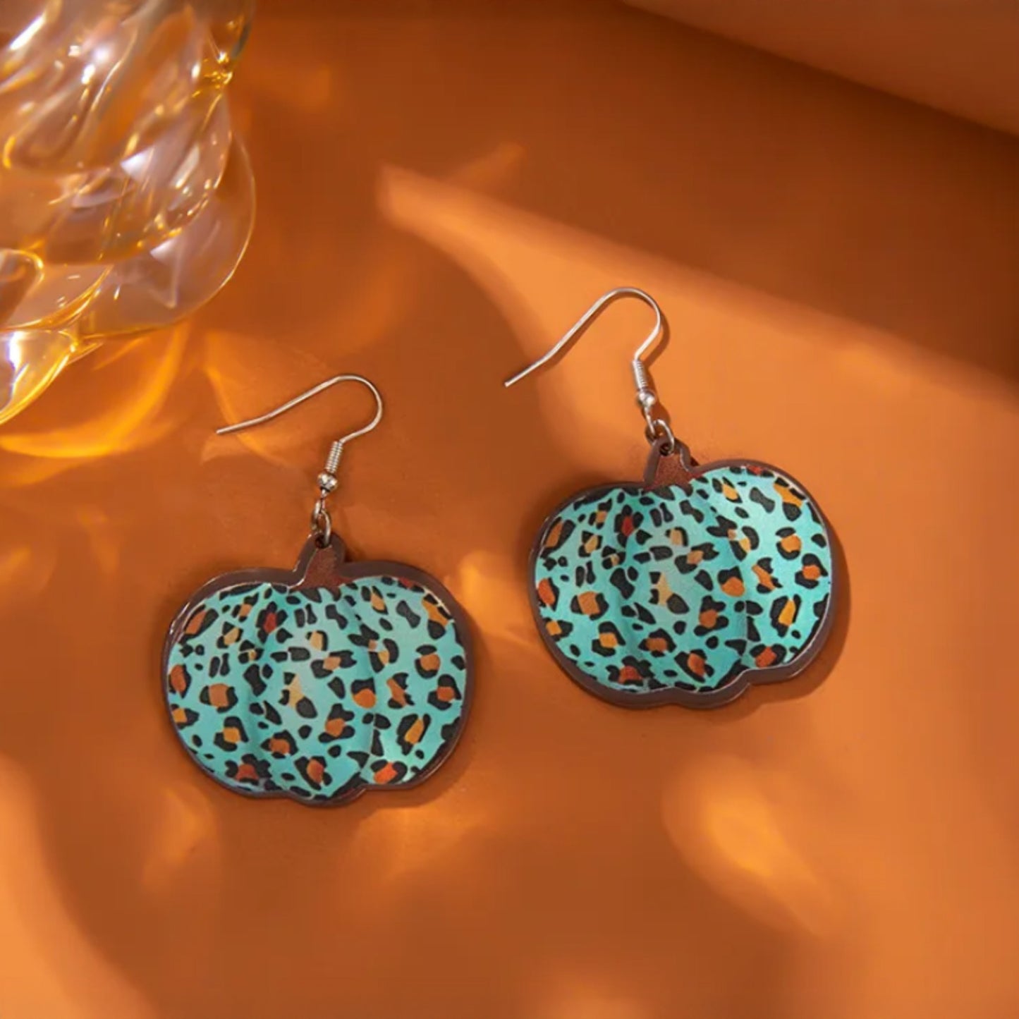 Teal and Leopard Print Pumpkin Dangle Earrings