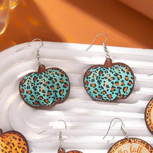 Teal and Leopard Print Pumpkin Dangle Earrings