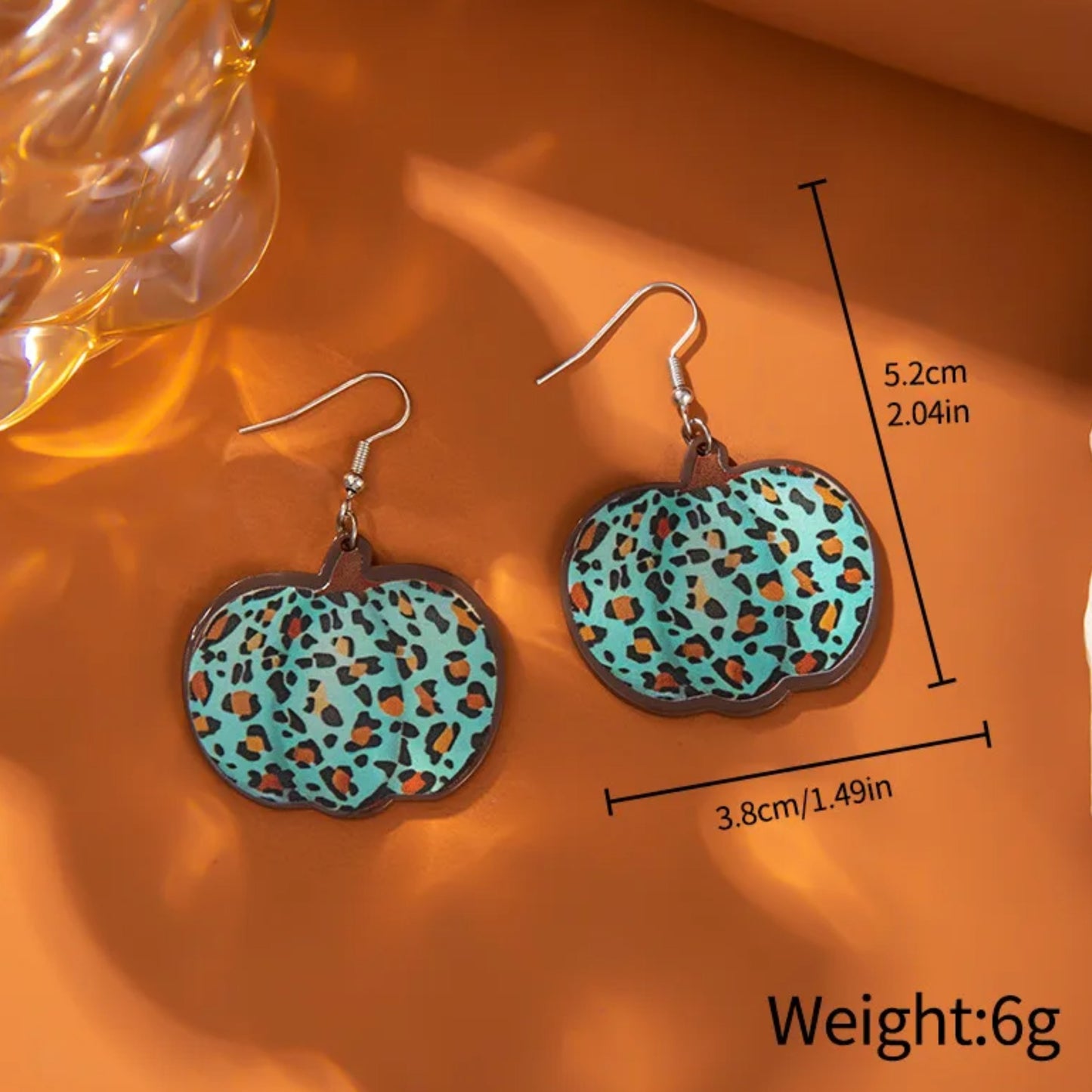Teal and Leopard Print Pumpkin Dangle Earrings