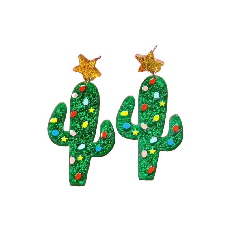 Glittery cactus-shaped earrings with star accents on a white background