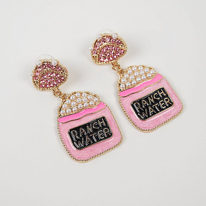 Ranch Water Cocktail Pink Rhinestone and Pearls Dangle Earrings