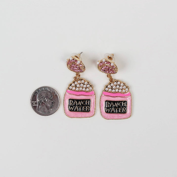 Ranch Water Cocktail Pink Rhinestone and Pearls Dangle Earrings