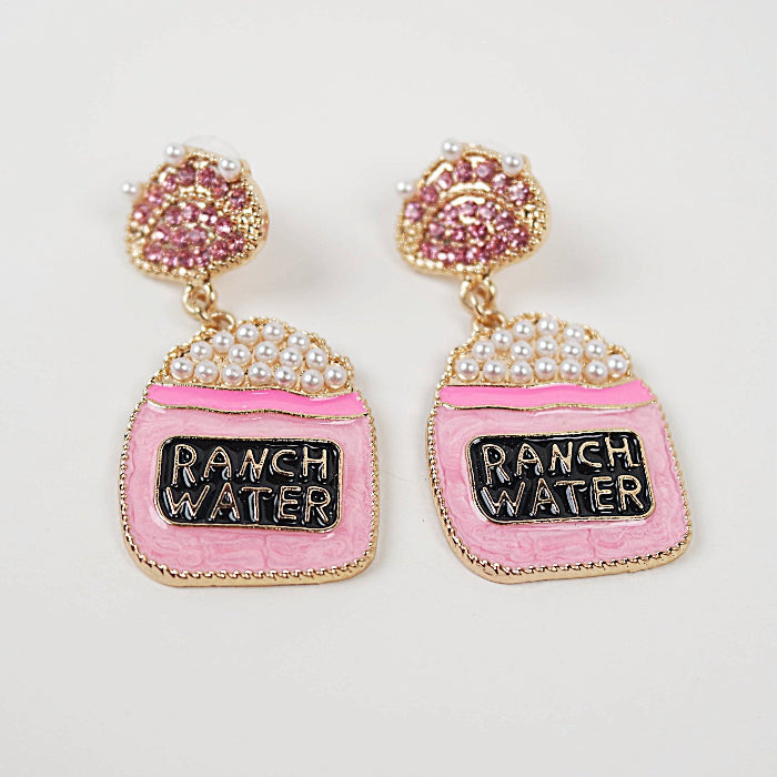 Ranch Water Cocktail Pink Rhinestone and Pearls Dangle Earrings
