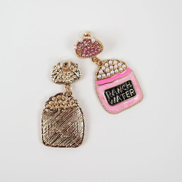 Ranch Water Cocktail Pink Rhinestone and Pearls Dangle Earrings