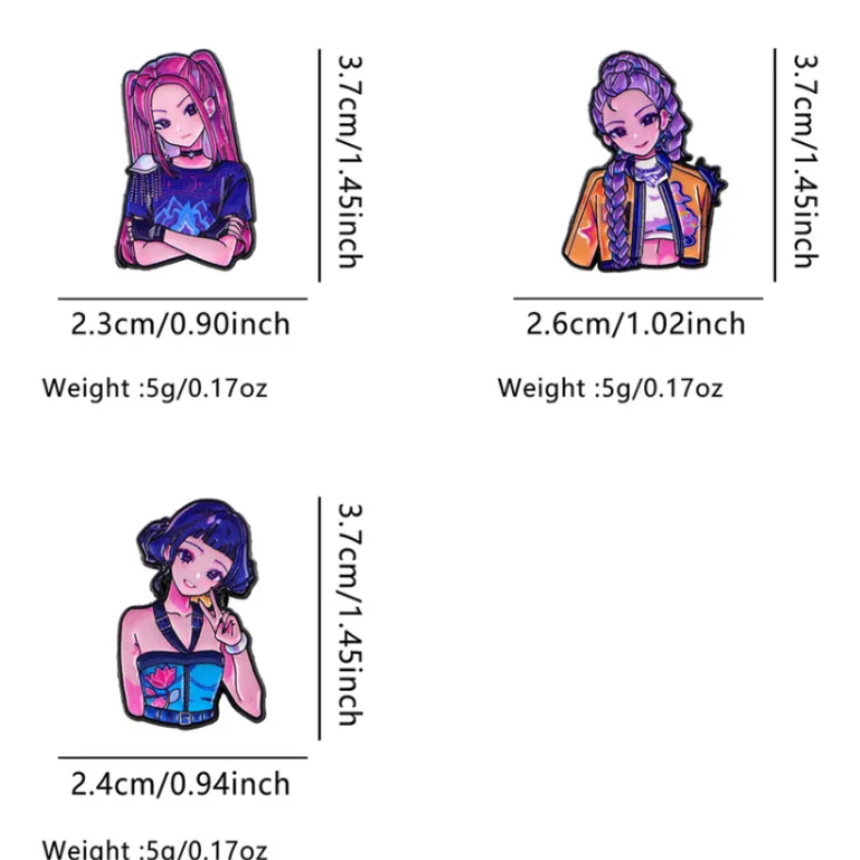 Three Huntr/X character pins with measurements and weights on a white background