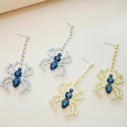 Glam Spider Drop Earrings with Rhinestones Black Crystals