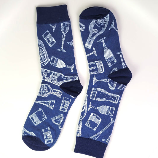 Blue socks with white drink-themed pattern on a white background