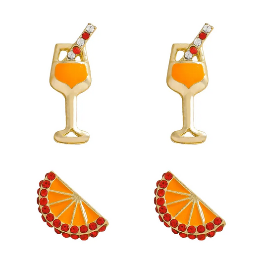 Orange Aperol Spritz Cocktail Earring Set Enamel and Rhinestone