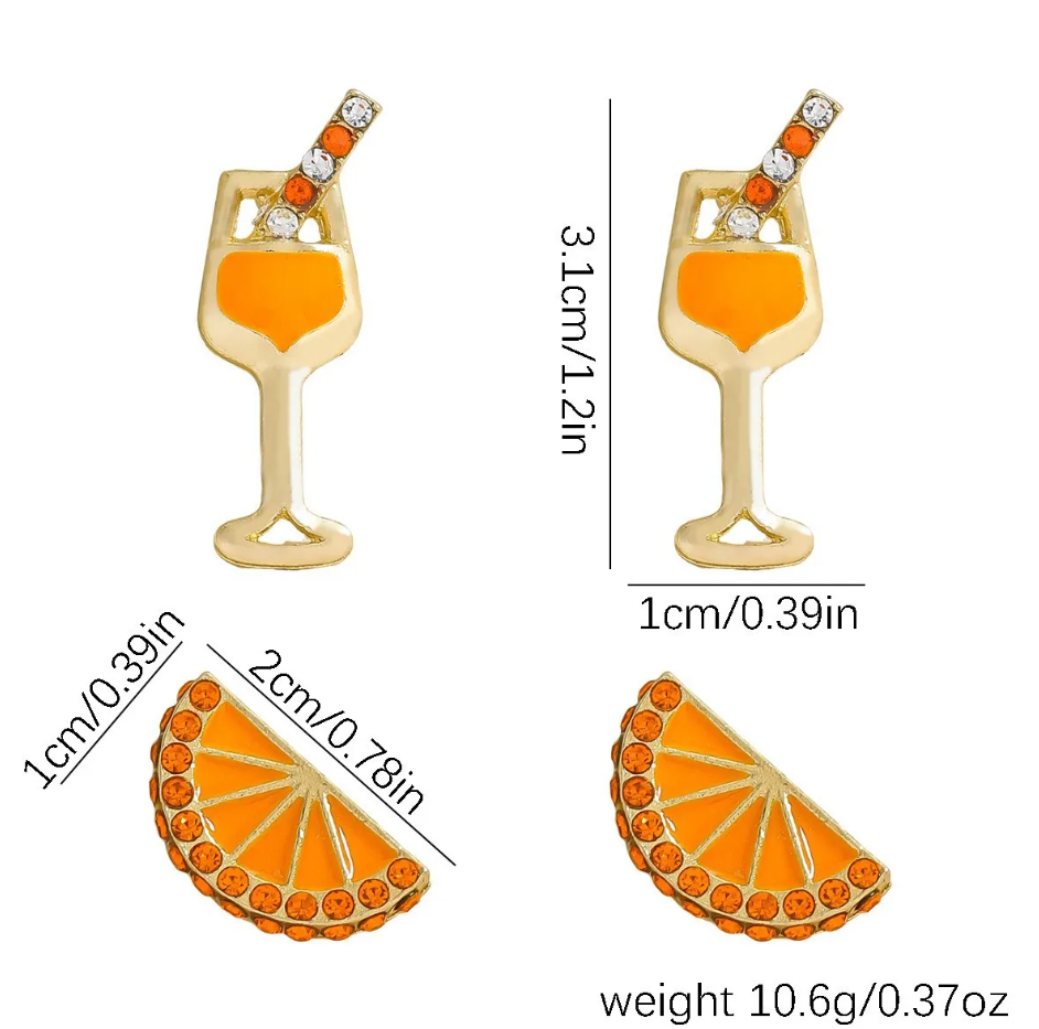 Orange Aperol Spritz Cocktail Earring Set Enamel and Rhinestone