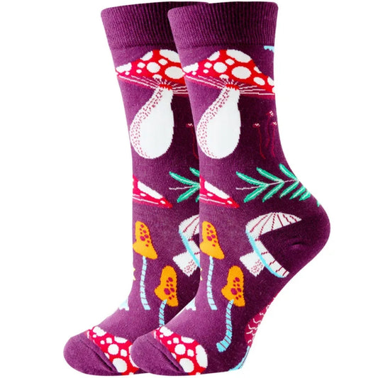 Pair of purple socks with colorful mushroom pattern on a white background