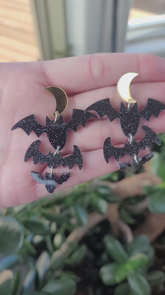 Black Glitter Bats and Moon Dangle Earrings