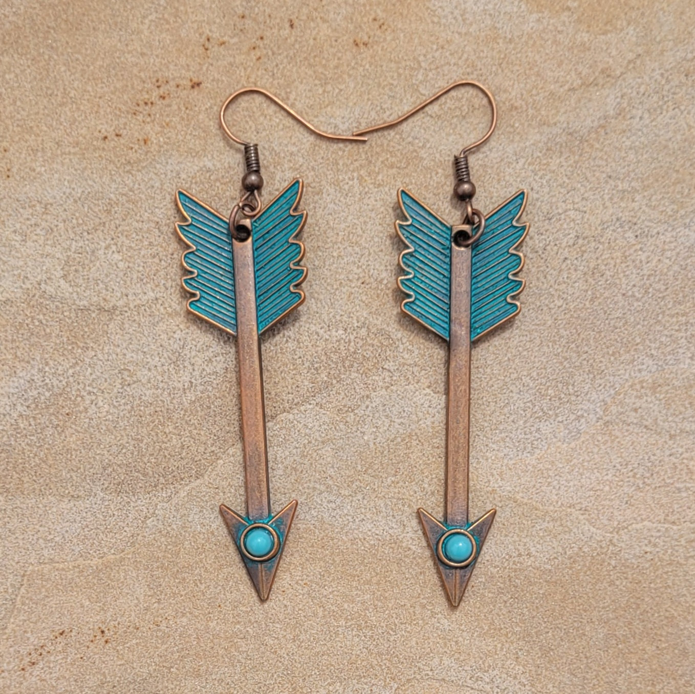 Bohemian Moroccan Downward Arrow Turquois Bead Inlay Bronze Green Antique Finish Drop Earrings