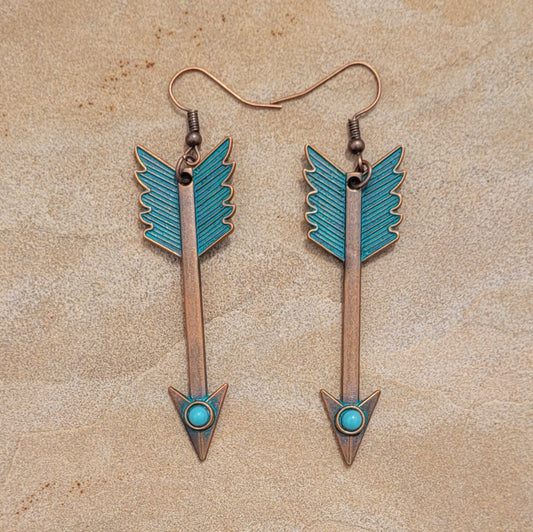 Bohemian Moroccan Downward Arrow Turquois Bead Inlay Bronze Green Antique Finish Drop Earrings
