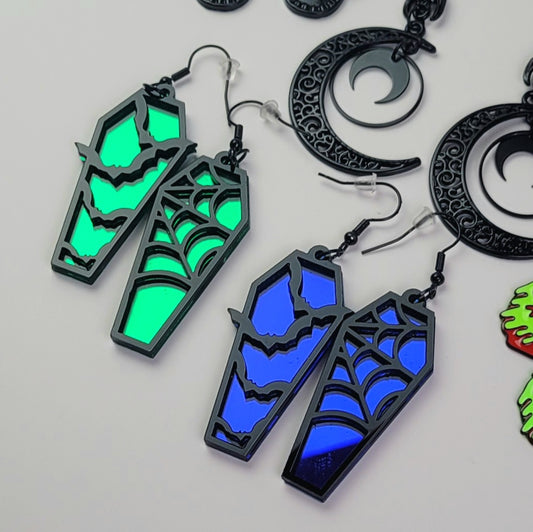 Mirrored Coffin Shaped Dangle Earrings with Black Accents